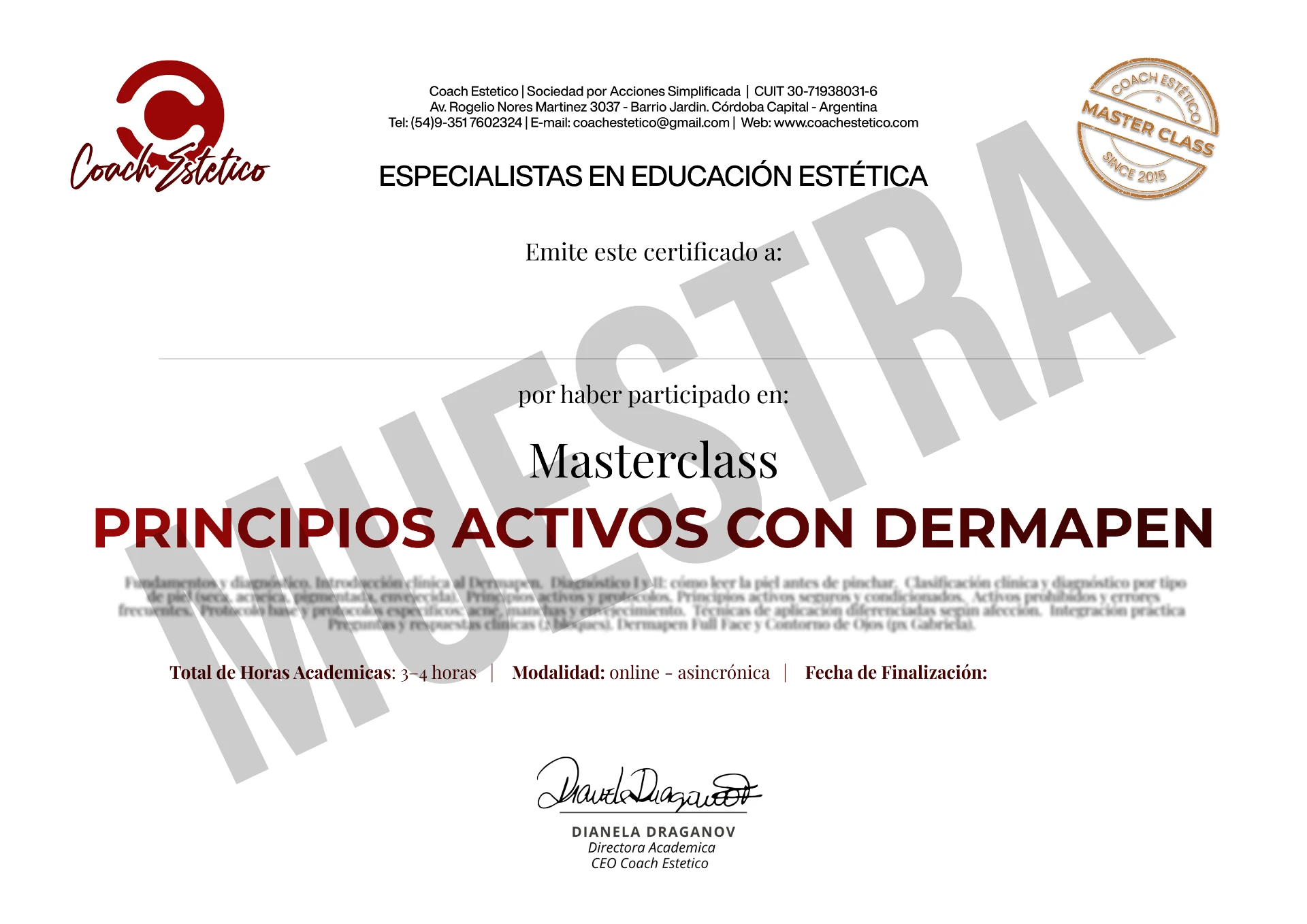 Modelo del certificado de participación de la Master Class